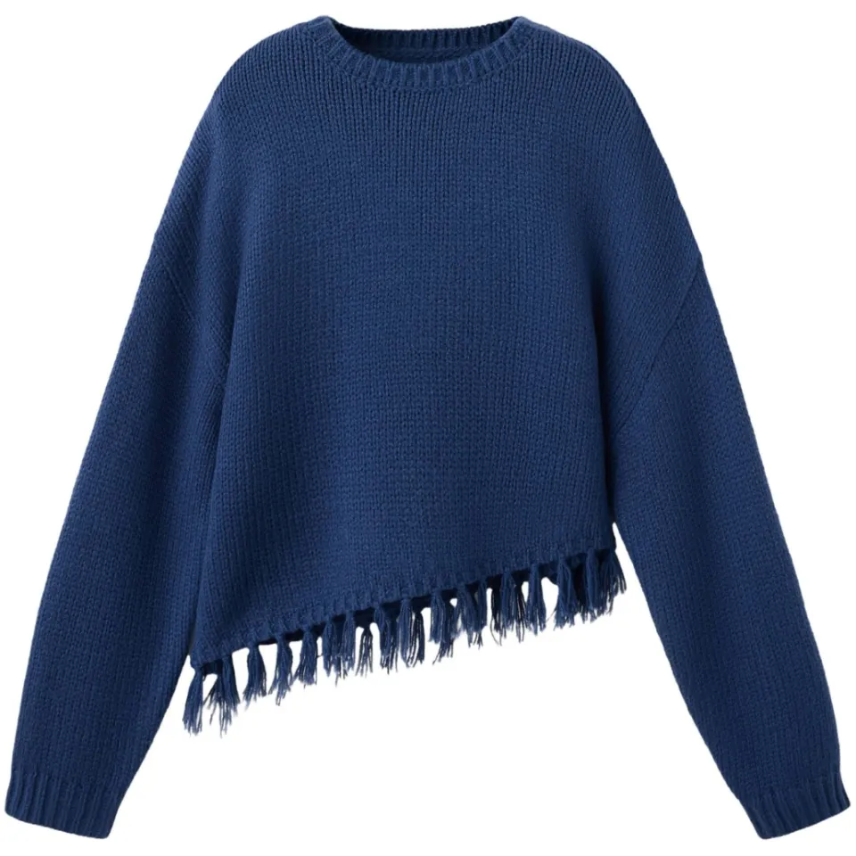 Mango TEEN rechtvallende gebreide trui met franjes - middenblauw, foto 2
