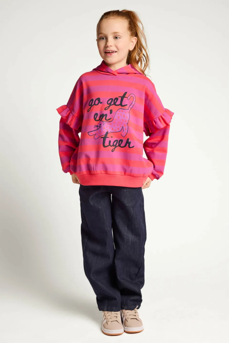 LOOXS little oversized gestreepte hoodie met ruches - rood/paars, foto 5