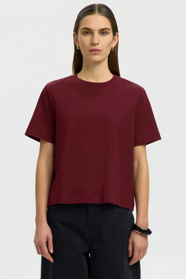Selected Slfessential boxy t-shirt donkerrood, foto 4