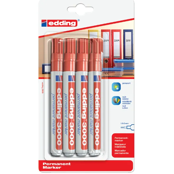 Edding Viltstift edding 3000 rond 1.5-3mm rood blister 4 stuk