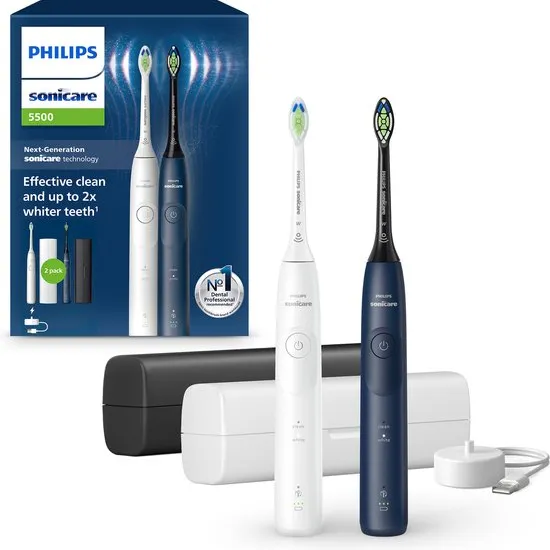 Philips Sonicare 5500 Series - Elektrische Tandenborstels - Wit & Blauw Duopack – 2 Reisetuis - Witt wit-blauw