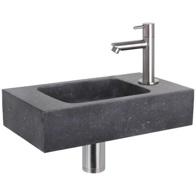 Fonteinset Differnz Bombai Natuursteen 40x22x9 cm Zwart Met Rechte Kraan Mat Chroom