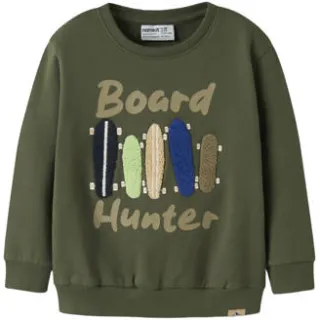 NAME IT MINI rechtvallende sweater met patches en print - donkergroen Printopdruk