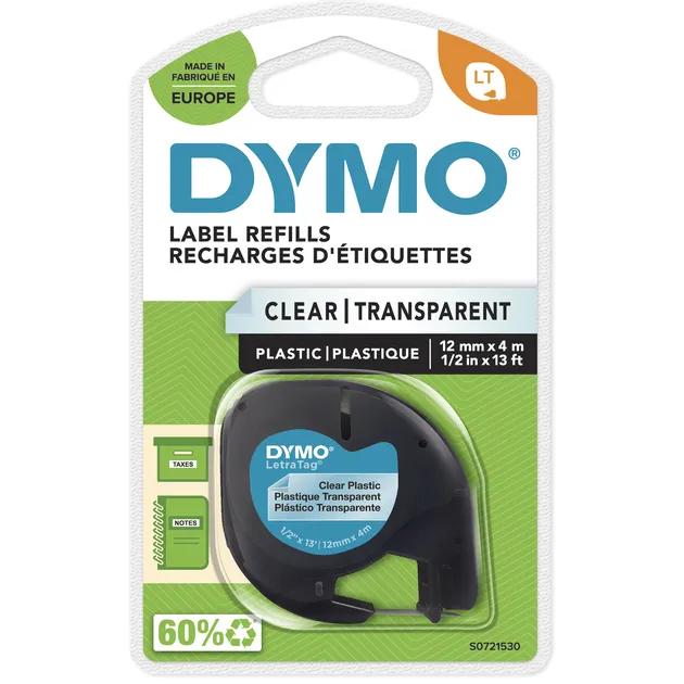 Dymo Labeltape dymo letratag plastic 12mm zwart op Transparant