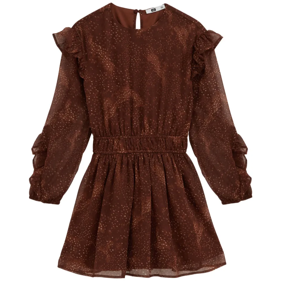 WE Fashion korte jurk met ruches bruin/ecru, foto 2