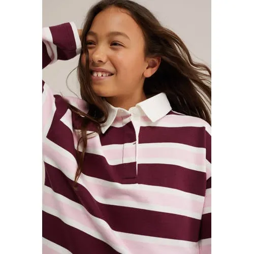 WE Fashion gestreepte longsleeve met polokraag donkerrood donkerrood/roze/wit, foto 4