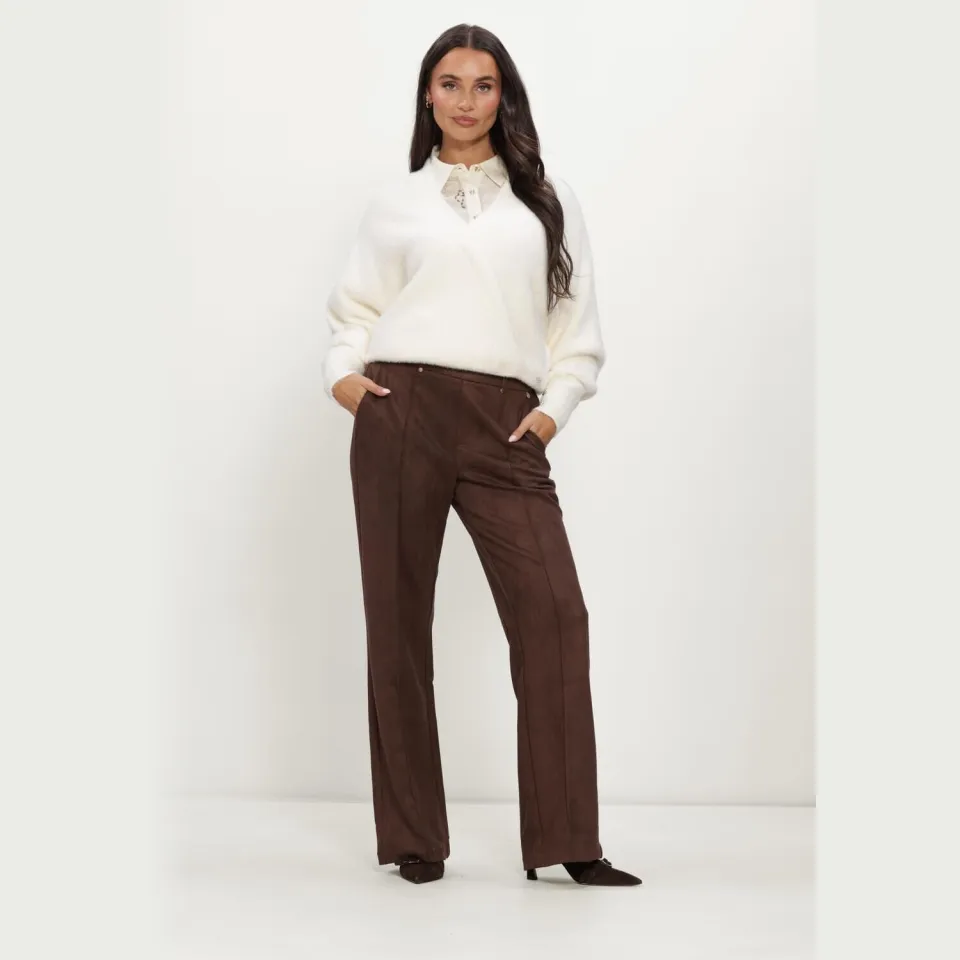NUKUS suèdelook straight leg broek - donkerbruin