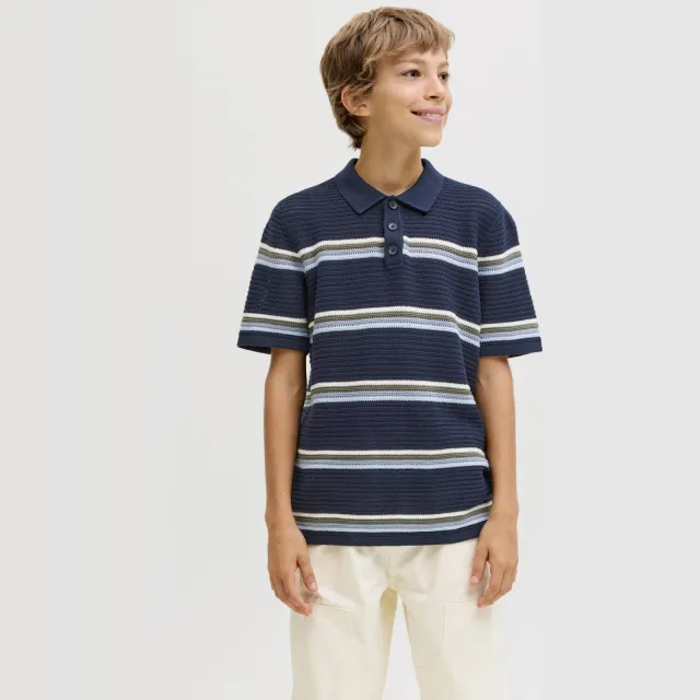 Jack & Jones JUNIOR gestreepte polo donkerblauw gebreid Donkerblauw/blauw/groen