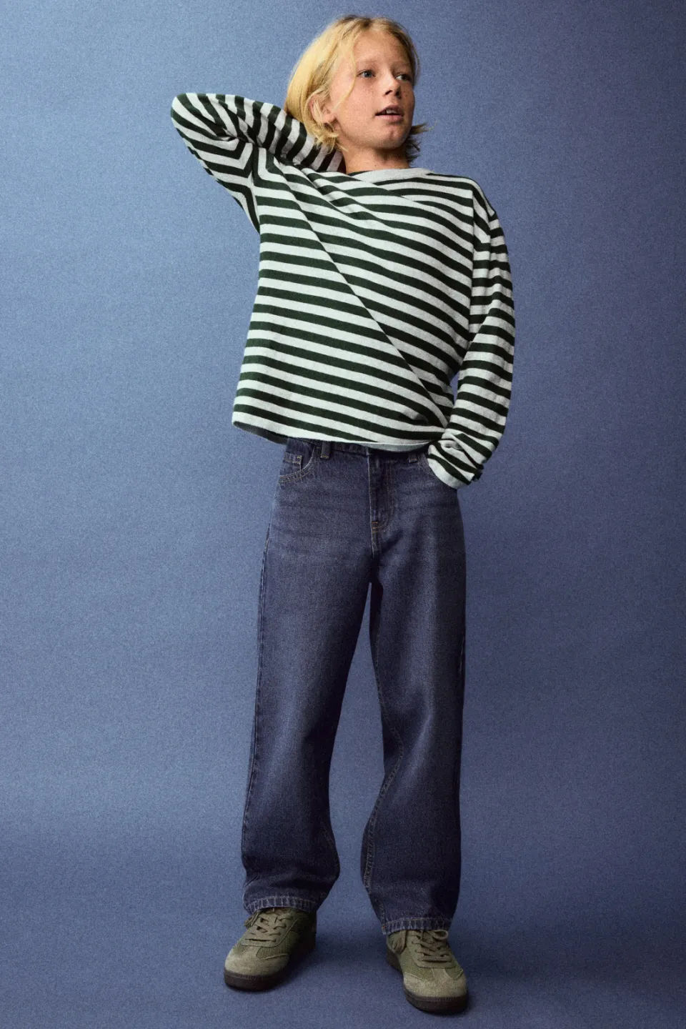 Mango Kids gestreepte longsleeve donkergroen wit groen / wit