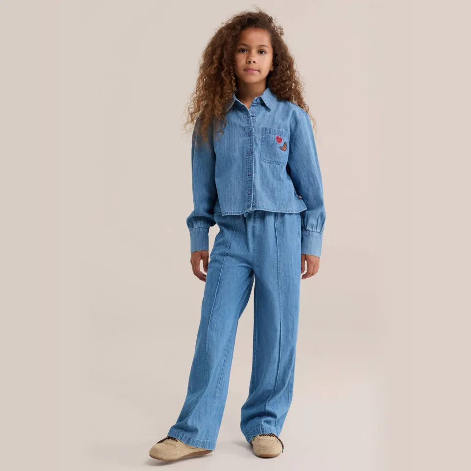 WE Fashion Blue Ridge denim blouse met borduursels middelblauw Medium blue denim