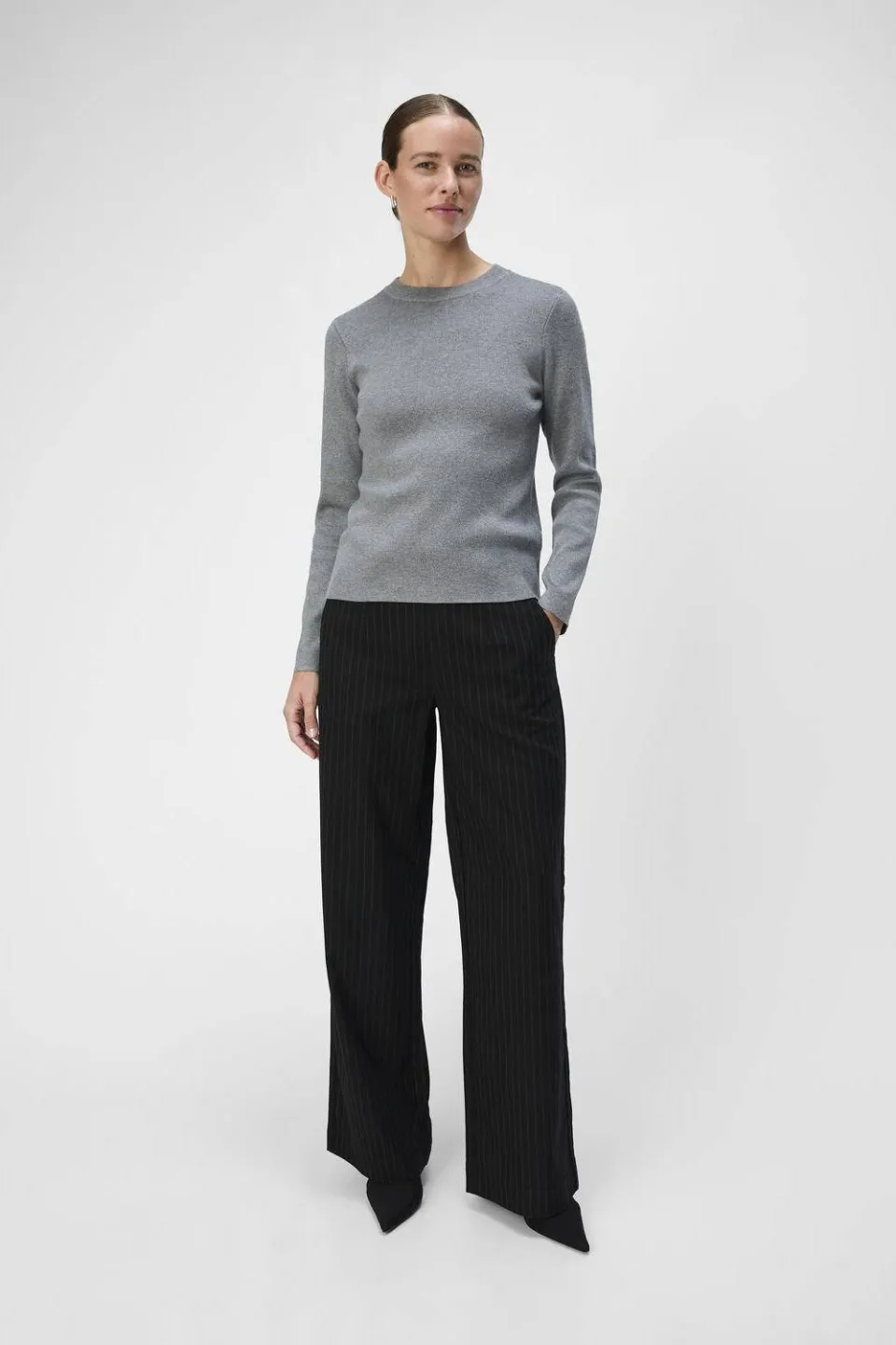 Object wide leg pantalon met krijtstreep OBJLISA Zwart/ grijs