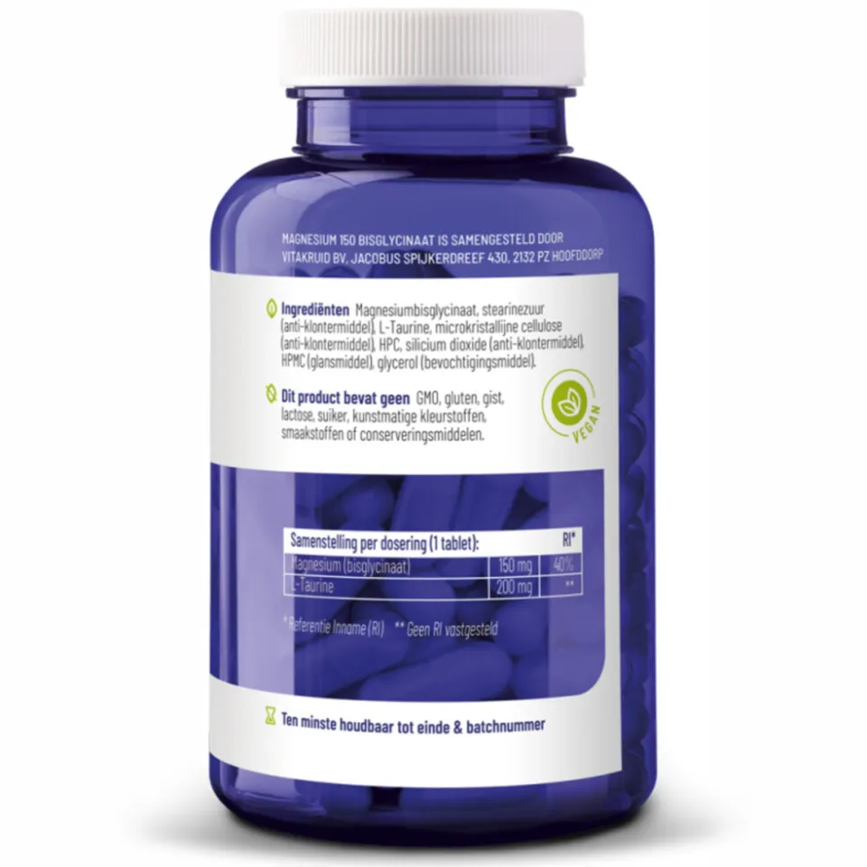 Vitakruid Magnesium 150 bisglycinaat met taurine tabletten, foto 3
