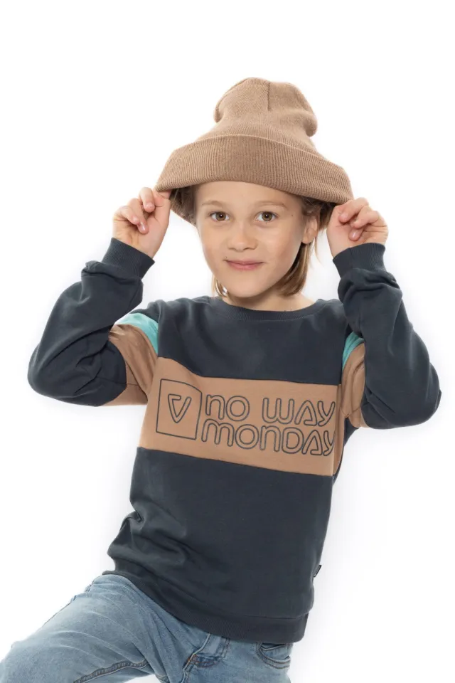 No Way Monday rechtvallende sweater met tekst - donkergrijs/beige