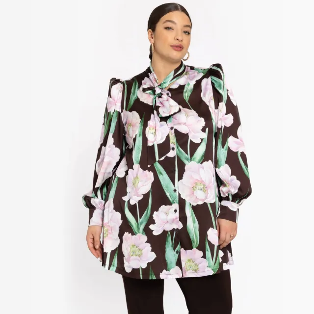 Yoek FIORITO satijnen blouse bruin bruin/roze/groen