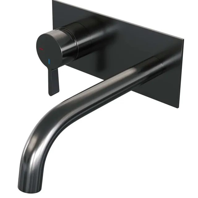 Brauer Inbouw Wastafelmengkraan Brauer Gunmetal Edition Coldstart Gebogen Uitloop Halfronde Hendel Links Geborsteld Gunmetal PVD Met Afdekplaat