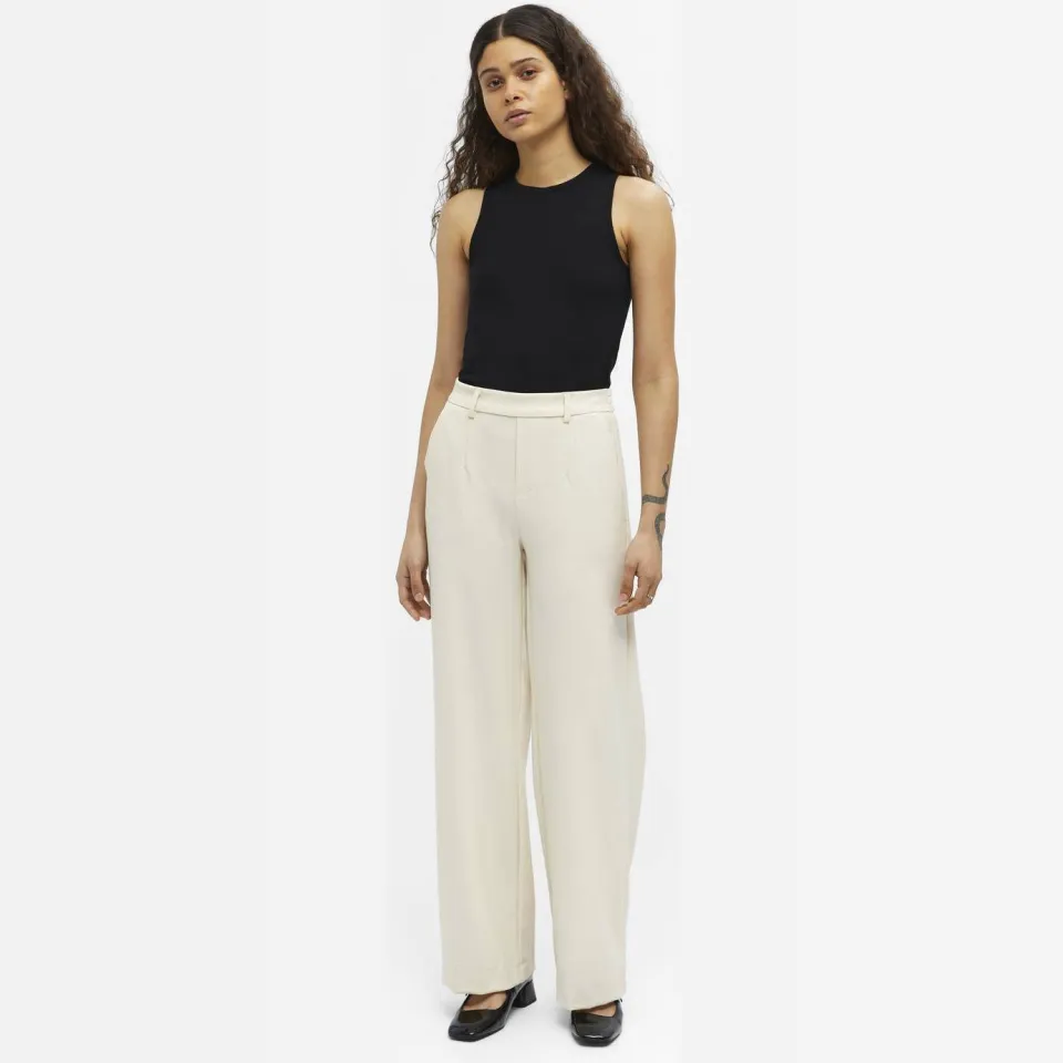 Object wide leg pantalon OBJLISA van polyester beige Sandshell