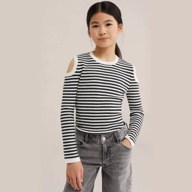 WE Fashion katoenen gestreepte gebreide trui met cut-out - ecru Ecru/zwart