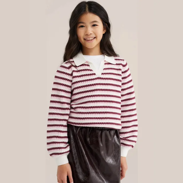 WE Fashion katoenen gebreide gestreepte trui - ecru Ecru/roze/donkerrood