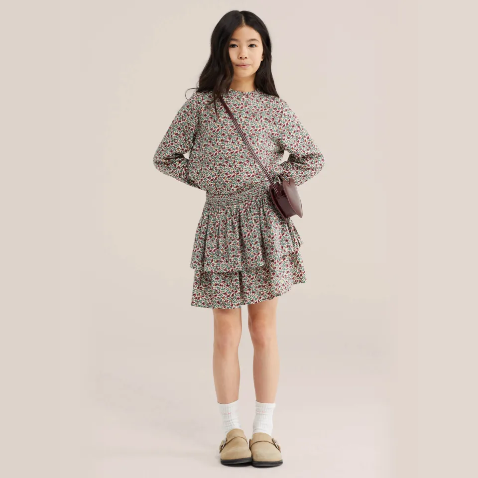 WE Fashion gebloemde korte rok met ruches Ecru/groen/donkerrood