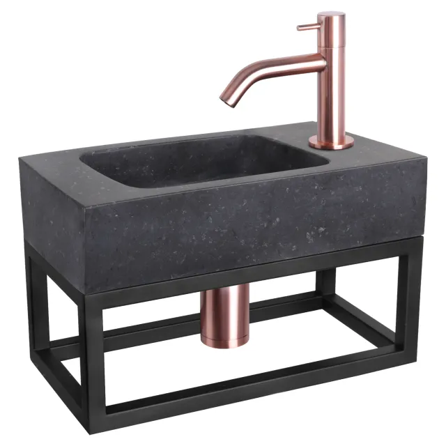 Differnz Fonteinset Differnz Bombai Natuursteen en Handoekrek 40x22x9 cm Zwart Met Gebogen Kraan Rood Koper