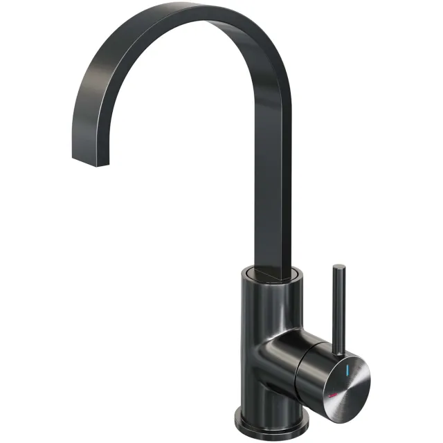 Brauer Wastafelmengkraan Brauer Gunmetal Edition Coldstart Opbouw Hoog Plat Gebogen Ronde Hendel Geborsteld Gunmetal PVD