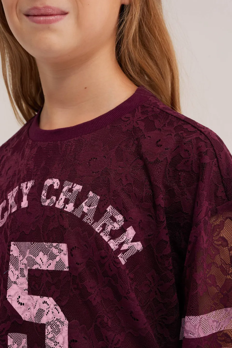 WE Fashion kanten longsleeve met tekst donkerrood donkerrood/roze, foto 7