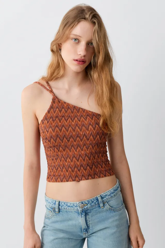 Mango cropped top met smockwerk en print donkeroranje donker oranje/bruin, foto 3