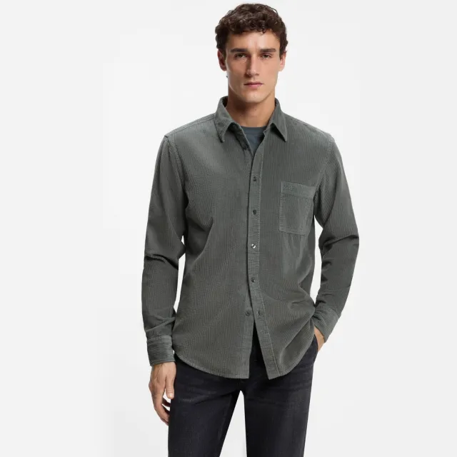 Boss regular fit corduroy overhemd - grijsgroen