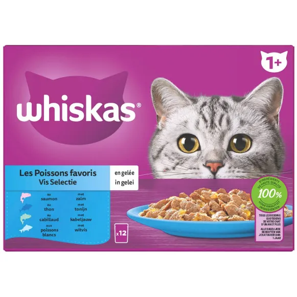 Whiskas 1+ kattenvoer natvoer vis selectie in gelei