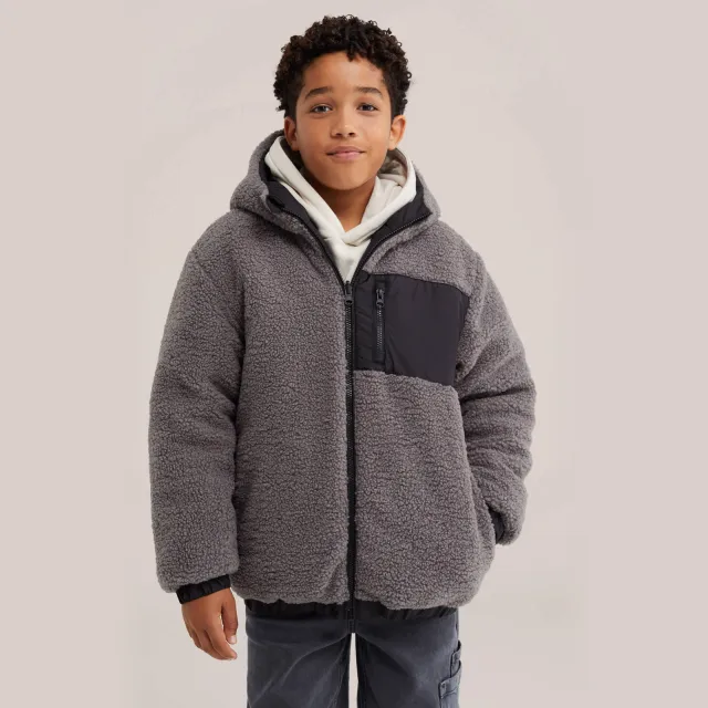 WE Fashion teddy winterjas grijs