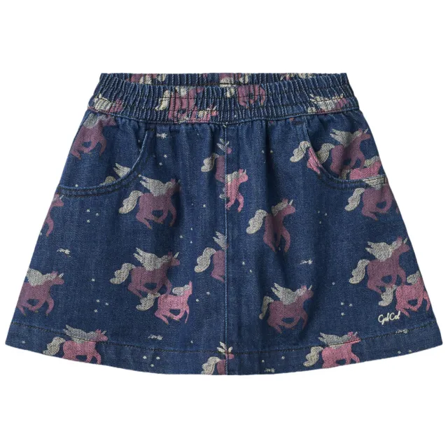 Copenhagen Colors korte spijkerrok met eenhoornprint blauw Dark Unicorn Wash