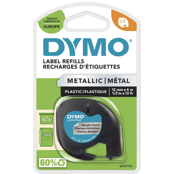 Dymo Labeltape dymo letratag metallic 12mm zwart op Zilver Zwart op metallic