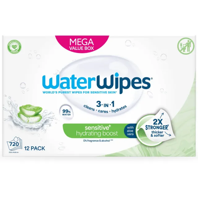 WaterWipes Hydrating Clean doekjes - Voordeeldoos 12 x 60 - Plasticvrij - Gevoelige huid