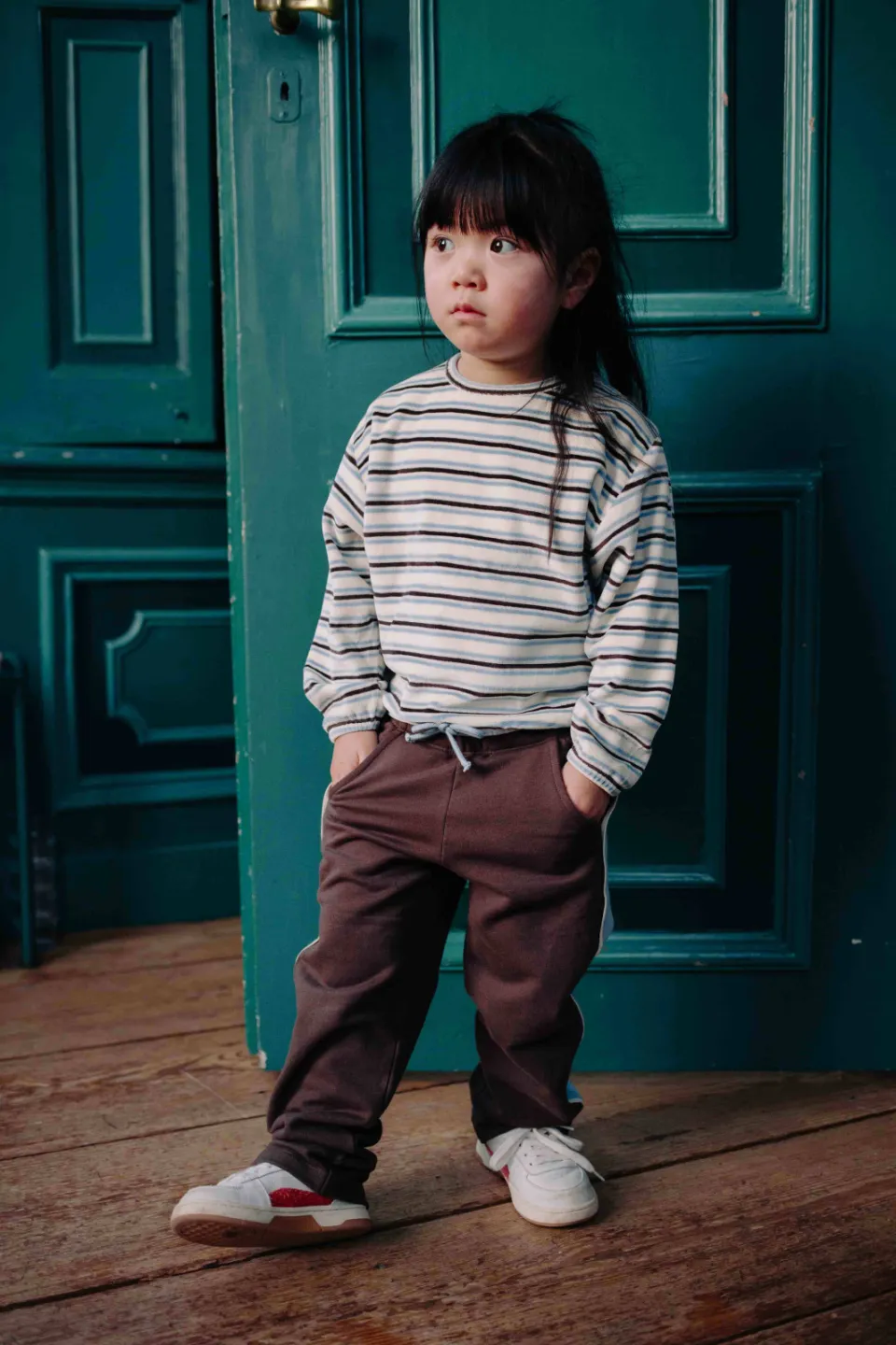 Riffle Amsterdam fluwelen gestreepte sweater - ecru/bruin/lichtblauw