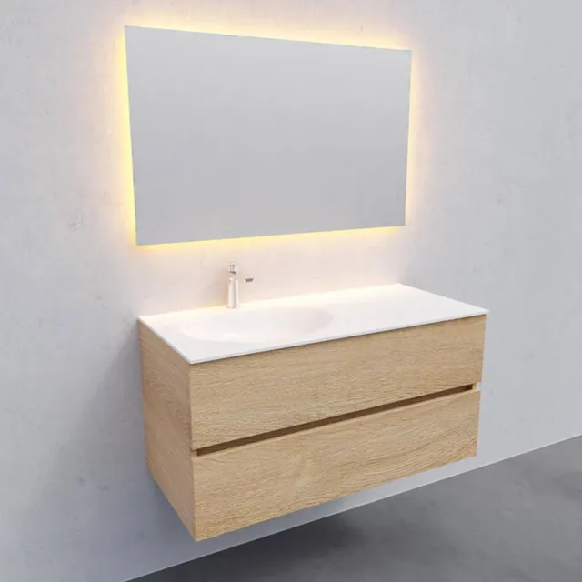 Boss & Wessing Badkamermeubel Solid Surface AQS Stockholm 100x46 cm Links Wood Washed Oak Boss & Wessing Houtlook